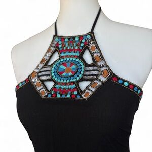 Black Halter Dress with Colorful Beaded Design